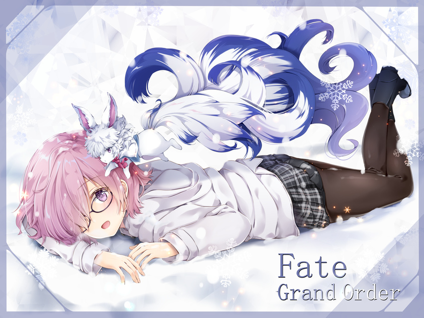 :d alternate_costume bangs black-framed_eyewear black_skirt blush coat commentary_request copyright_name crossed_legs eyebrows_visible_through_hair fate/grand_order fate_(series) fou_(fate/grand_order) glasses hair_over_one_eye lavender_hair long_sleeves looking_at_viewer lying mash_kyrielight on_stomach open_mouth pantyhose plaid plaid_skirt pleated_skirt purple_eyes purple_hair short_hair skirt smile snow snowflakes solo white_coat yoshida_iyo
