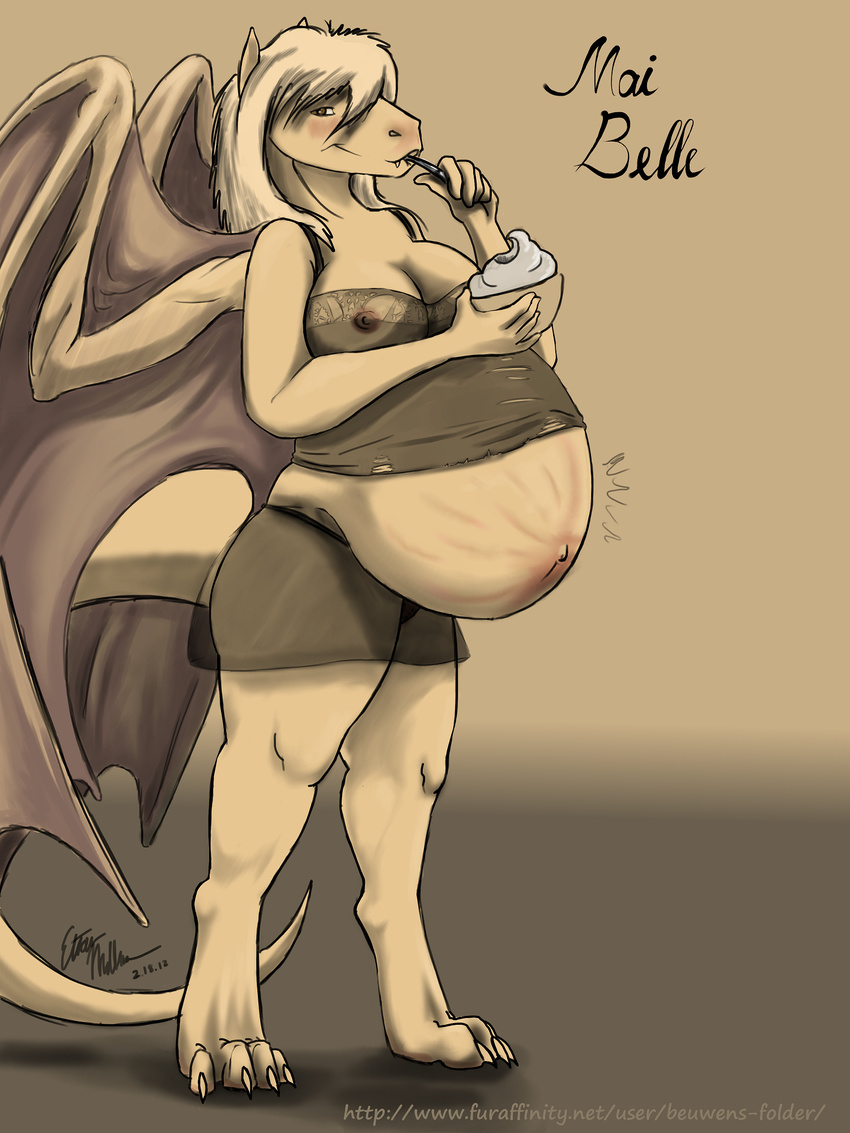 anthro belly beuwens-folder big_belly big_breasts blush breasts brown_background brown_eyes brown_hair brown_scales clothing dessert dragon eating female food hair hi_res ice_cream looking_at_viewer nipples pregnant scales simple_background smile stretch_marks text translucent transparent_clothing wings