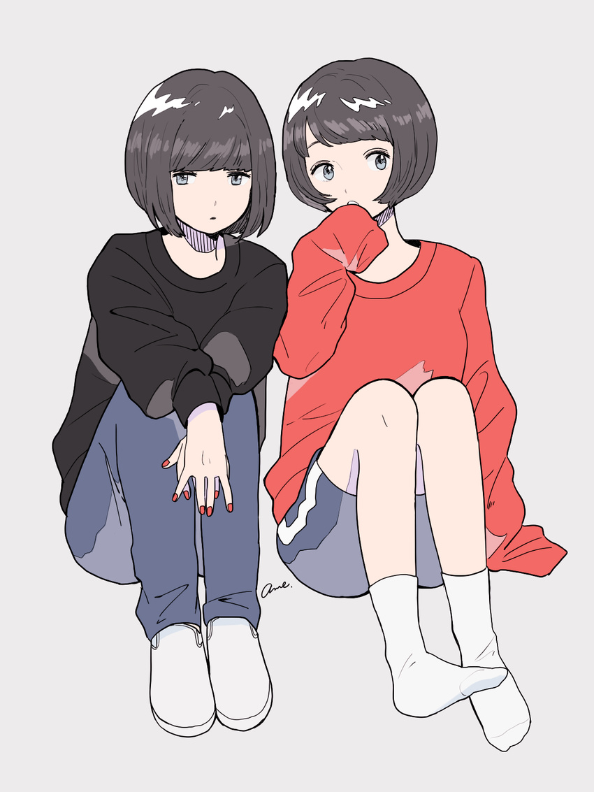 bangs black_hair black_sweater blue_eyes blue_pants blunt_bangs bob_cut covering_mouth fingernails grey_background gumi. hand_over_own_mouth highres long_sleeves looking_at_viewer multiple_girls nail_polish original own_hands_together pants parted_lips red_nails red_sweater shoes short_hair signature simple_background sitting sleeves_past_wrists socks sweater white_footwear white_legwear