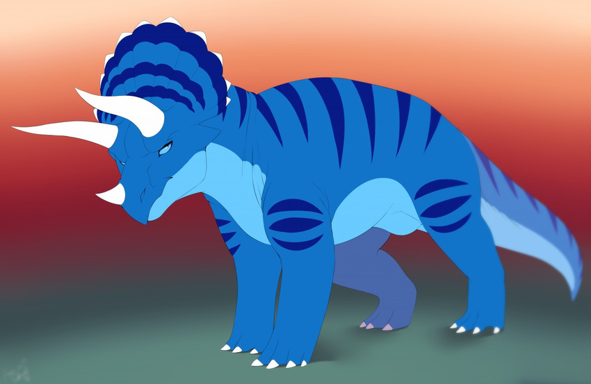 2017 4_toes ambiguous_gender blue_eyes blue_scales dinosaur feral gradient_background horn looking_at_viewer presenting revadiehard scales scowl simple_background solo standing toes triceratops