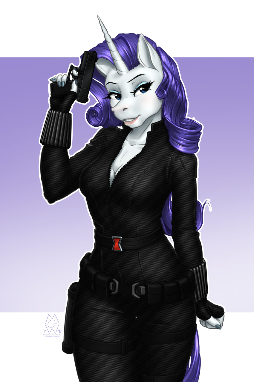 2017 absurd_res anthro anthrofied black_widow_(marvel) breasts cleavage clothed clothing costume cutie_mark equine female friendship_is_magic gun hair hi_res holding_object holding_weapon horn jumpsuit long_hair mammal my_little_pony mykegreywolf ranged_weapon rarity_(mlp) solo unicorn weapon