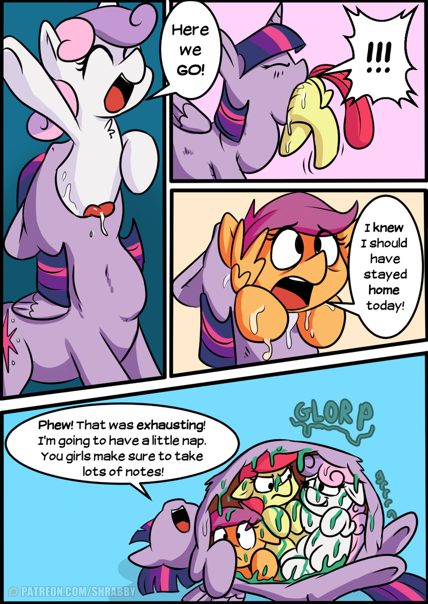 ! 2017 apple_bloom_(mlp) cannibalism cutie_mark cutie_mark_crusaders_(mlp) dialogue english_text equine eyes_closed female feral friendship_is_magic group hair hi_res horn internal mammal multicolored_hair my_little_pony open_mouth scootaloo_(mlp) shrabby sweetie_belle_(mlp) text twilight_sparkle_(mlp) two_tone_hair vore winged_unicorn wings young