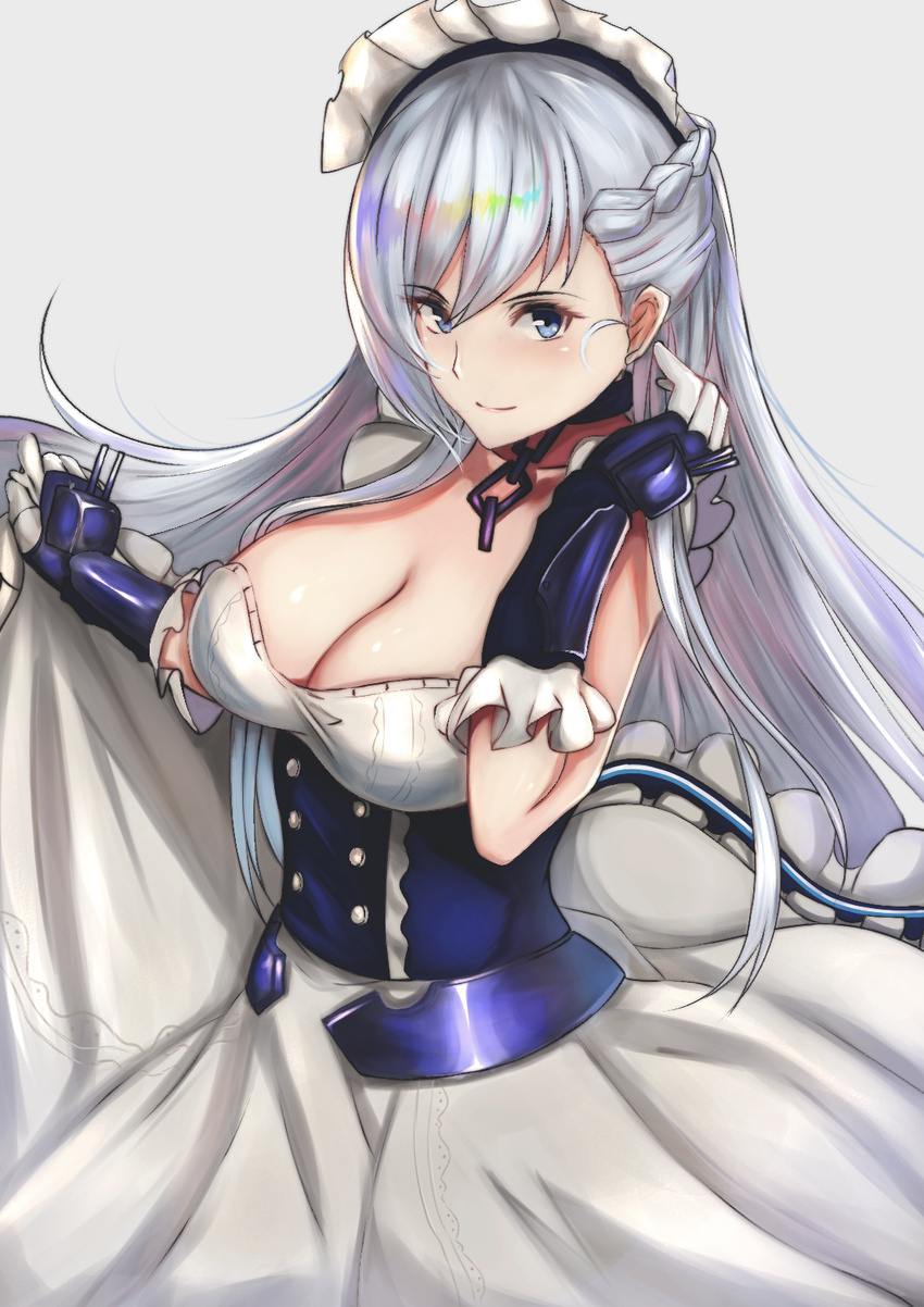 &gt;:) azur_lane belfast_(azur_lane) blue_eyes blush braid breasts chain cleavage closed_mouth collar collarbone commentary_request cowboy_shot dress french_braid highres large_breasts long_hair looking_at_viewer maid maid_headdress silver_hair smile solo v-shaped_eyebrows yami_kyon_oov
