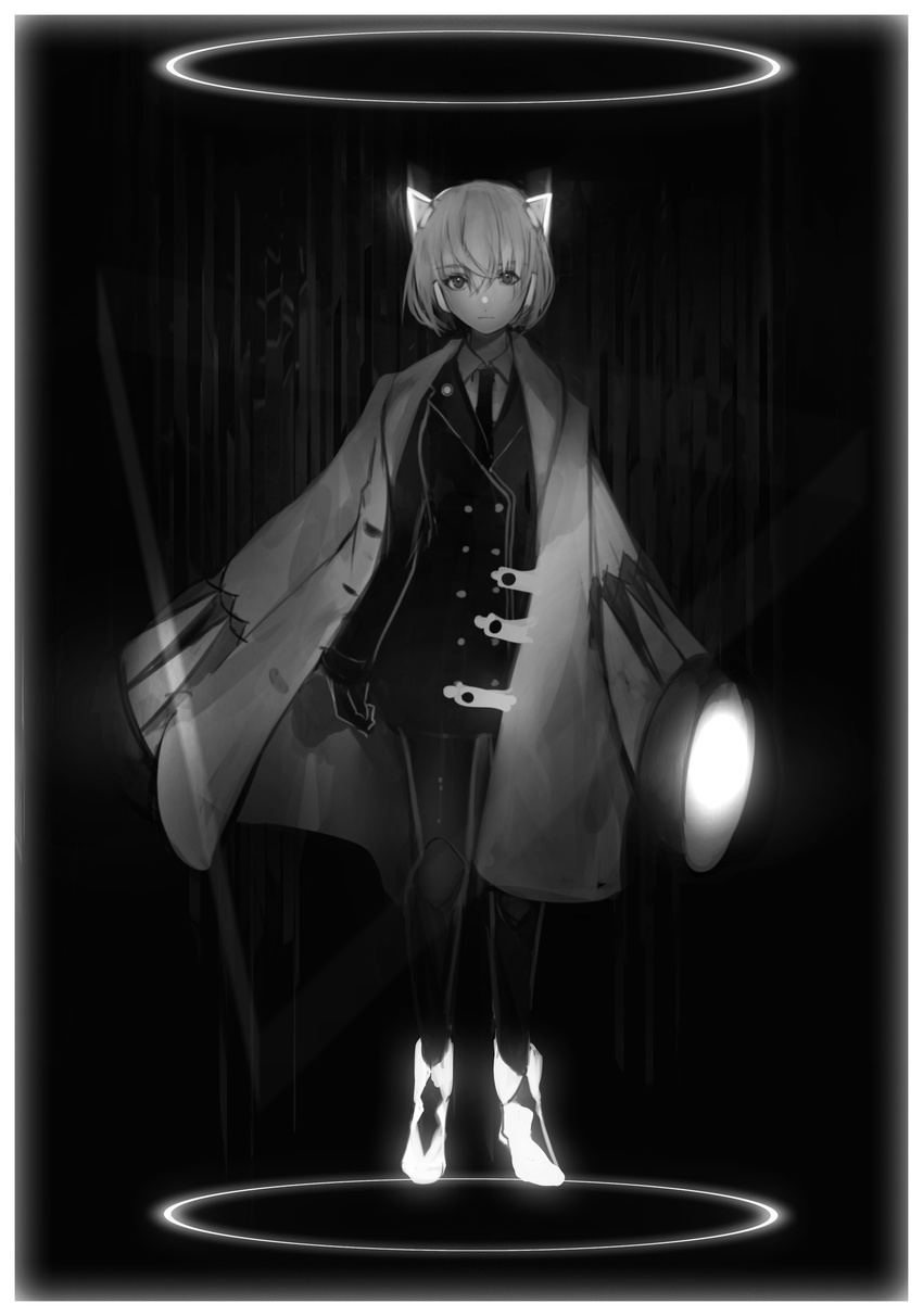 absurdres animal_ears fake_animal_ears full_body greyscale halo headgear highres jacket jacket_on_shoulders looking_at_viewer monochrome necktie original oversized_clothes short_hair solo tarbo_(exxxpiation)
