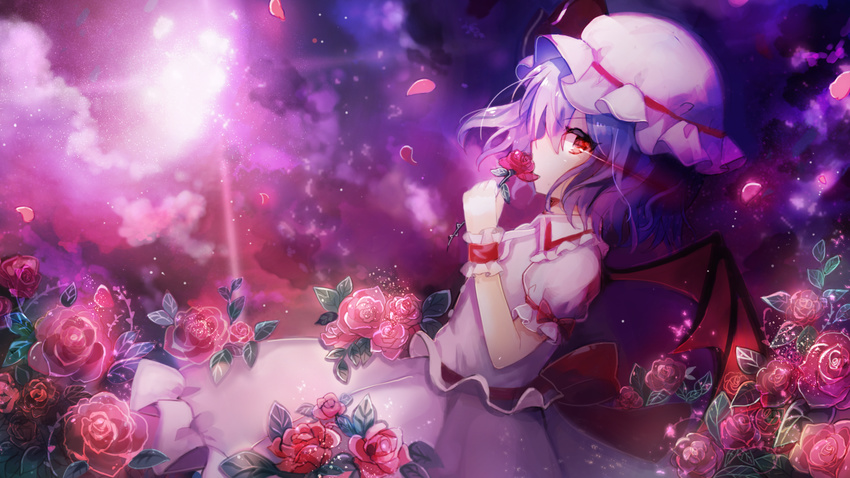 blue_hair commentary_request flower from_side hat highres holding holding_flower kohaku_muro looking_at_viewer mob_cap puffy_short_sleeves puffy_sleeves red_eyes remilia_scarlet rose short_hair short_sleeves solo touhou wings wrist_cuffs