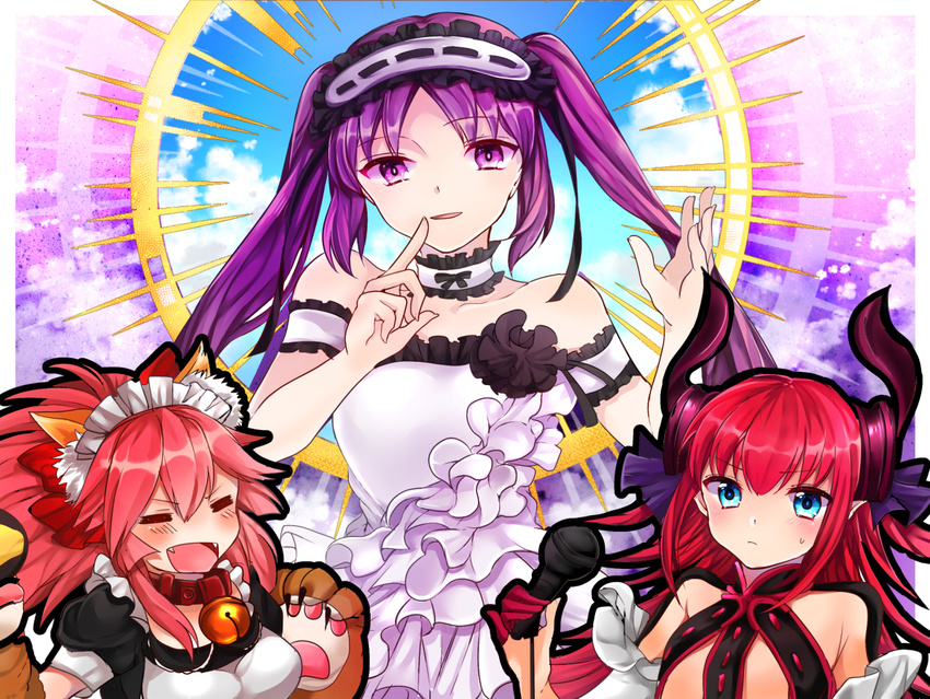 3girls animal_ears blue_eyes collar dragon_girl fate/extra_ccc fate/grand_order fate/hollow_ataraxia fate_(series) halo headband horns lancer_(fate/extra_ccc) looking_at_viewer microphone multiple_girls purple_eyes purple_hair red_hair smile stheno tagme tamamo_cat_(fate/grand_order)