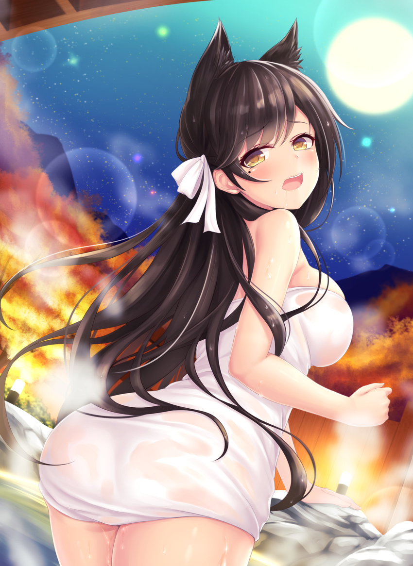 absurdres animal_ears ass atago_(azur_lane) azur_lane black_hair breasts brown_eyes extra_ears eyebrows_visible_through_hair from_behind full_moon hair_ribbon highres large_breasts lens_flare long_hair looking_at_viewer looking_back md5_mismatch mole mole_under_eye moon mutsuba_fumi naked_towel number onsen open_mouth ribbon solo steam towel white_ribbon