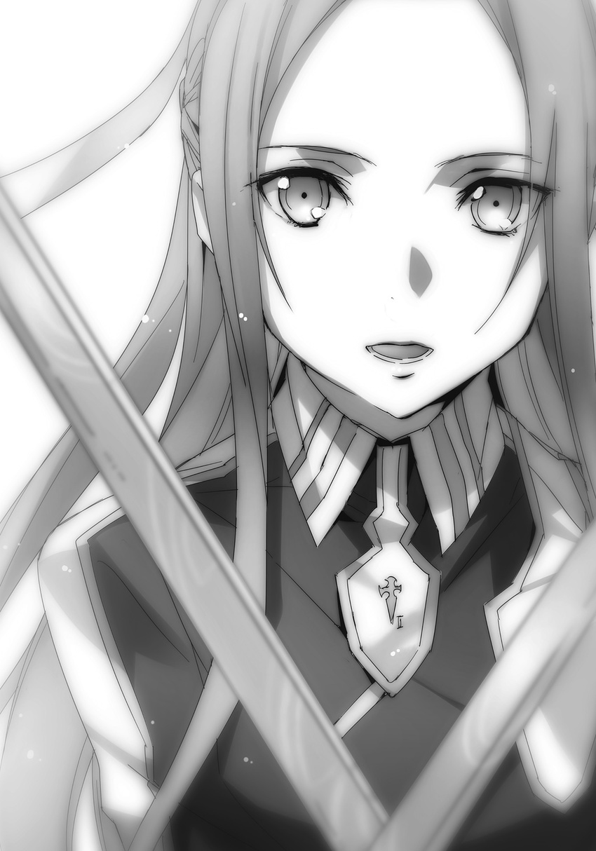 abec greyscale highres holding holding_sword holding_weapon long_hair looking_at_viewer monochrome novel_illustration official_art open_mouth solo sortiliena_serlut sword sword_art_online upper_body weapon