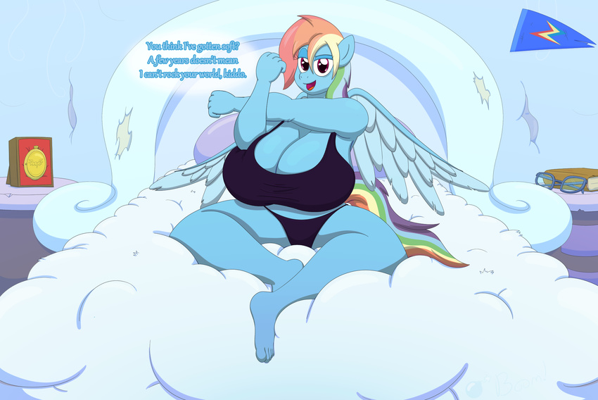 2017 aged_up anthro anthrofied bed big_breasts book bra breasts cleavage clothed clothing cloud dialogue equine eyewear female friendship_is_magic fur glasses gunpowdergreentea hair horse huge_breasts looking_at_viewer mammal mature_female multicolored_hair my_little_pony open_mouth panties pony rainbow_dash_(mlp) rainbow_hair smile solo stretching thick_thighs underwear wide_hips wings