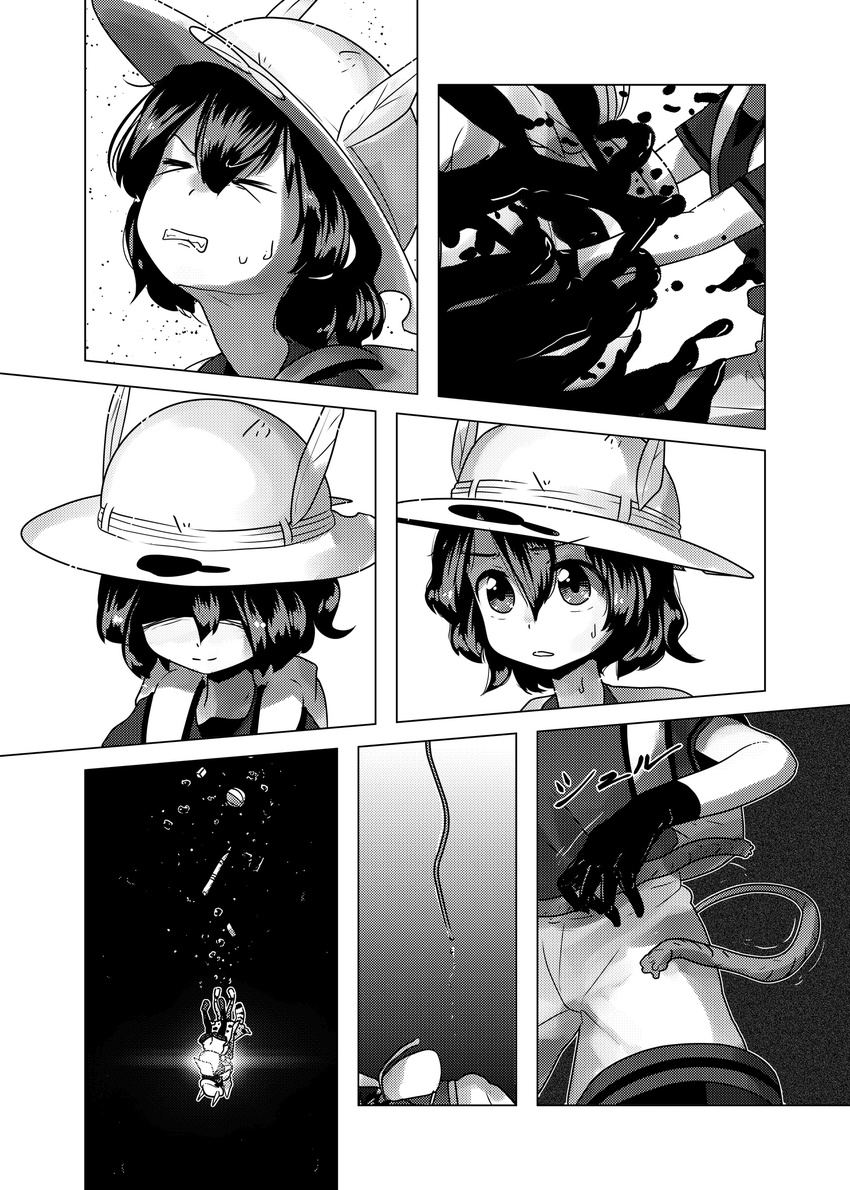 &gt;_&lt; backpack bad_end bag black_cerulean_(kemono_friends) black_gloves clenched_teeth comic gloves greyscale hair_between_eyes hat hat_feather helmet highres kaban_(kemono_friends) kemono_friends monochrome multiple_girls pantyhose pith_helmet print_gloves print_neckwear rope serval_(kemono_friends) serval_print shaded_face short_hair short_sleeves shorts silent_comic sweat teeth unconscious v-shaped_eyebrows welt_(kinsei_koutenkyoku) what_if