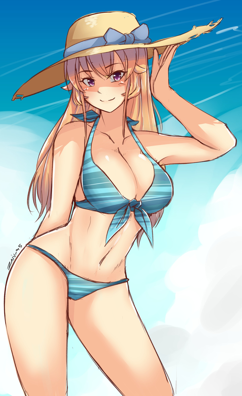 absurdres bikini blonde_hair blue_bikini blush breasts cleavage closed_mouth commentary contrapposto cowboy_shot hat highres large_breasts long_hair looking_at_viewer nakiri_erina nas_(z666ful) navel purple_eyes shokugeki_no_souma smile solo standing stomach straw_hat sun_hat swimsuit