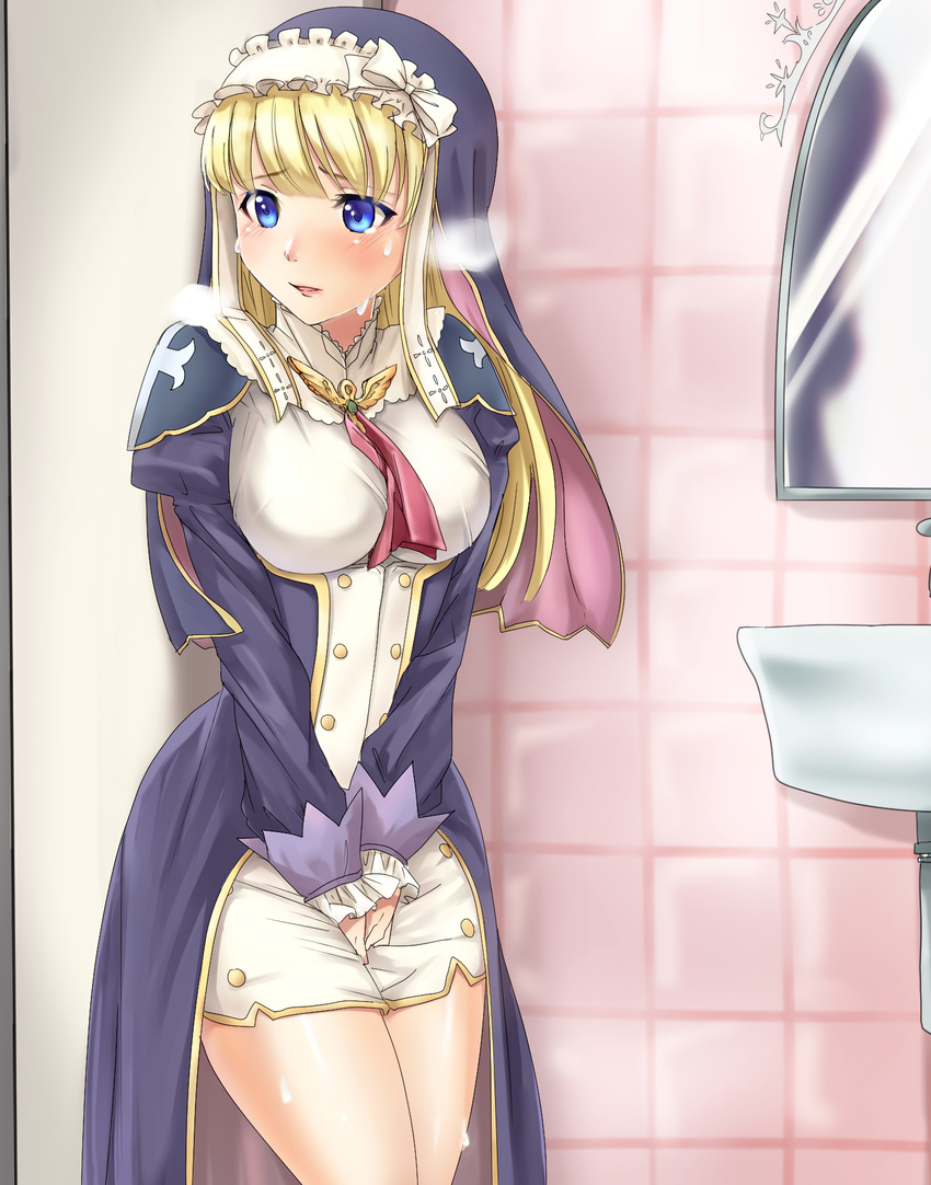 1girl ascot bathroom between_legs blonde_hair blue_eyes blush bow breasts dress eari_(shining_hearts) eyebrows_visible_through_hair habit hand_between_legs hands_together have_to_pee highres himaneko indoors large_breasts lips long_hair mirror nun open_mouth puffy_long_sleeves puffy_sleeves red_ascot shining_hearts sink solo standing steam sweay v_arms white_bow white_dress