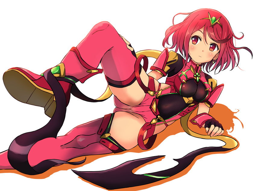 ass blush breasts covered_navel earrings fingerless_gloves gloves hair_ornament homura_(xenoblade_2) jewelry large_breasts looking_at_viewer red_eyes red_hair short_hair shorts shougakusei sidelocks sky solo tiara xenoblade_(series) xenoblade_2