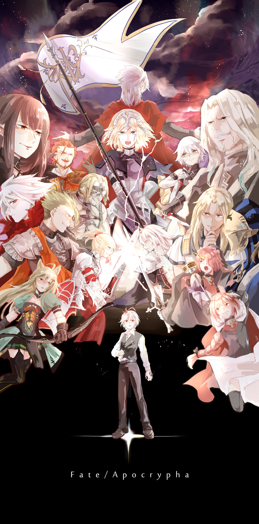 6+girls absurdres achilles_(fate) ahoge amakusa_shirou_(fate) animal_ears astolfo_(fate) atalanta_(fate) avicebron_(fate) balmung_(fate/apocrypha) beard belt black_hair blonde_hair blue_eyes blush braid cat_ears chiron_(fate) clarent command_spell commentary_request dark_skin facial_hair fate/apocrypha fate_(series) frankenstein's_monster_(fate) fur_trim hair_ornament headpiece highres jack_the_ripper_(fate/apocrypha) jeanne_d'arc_(fate) jeanne_d'arc_(fate)_(all) karna_(fate) long_hair long_image looking_at_viewer mordred_(fate) mordred_(fate)_(all) multiple_boys multiple_girls open_mouth otoko_no_ko pink_hair pointy_ears ponytail scar semiramis_(fate) short_hair sieg_(fate/apocrypha) siegfried_(fate) single_braid smile sooru0720 spartacus_(fate) sword very_long_hair vlad_iii_(fate/apocrypha) weapon white_hair wide_image william_shakespeare_(fate)