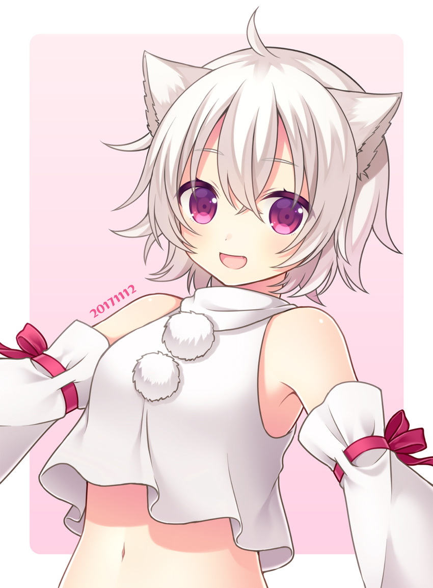 ahoge animal_ears blush dated detached_sleeves dog_ears eyebrows_visible_through_hair highres inubashiri_momiji looking_at_viewer navel open_mouth purple_eyes short_hair smile solo touhou upper_body white_hair wolf_ears yamayu