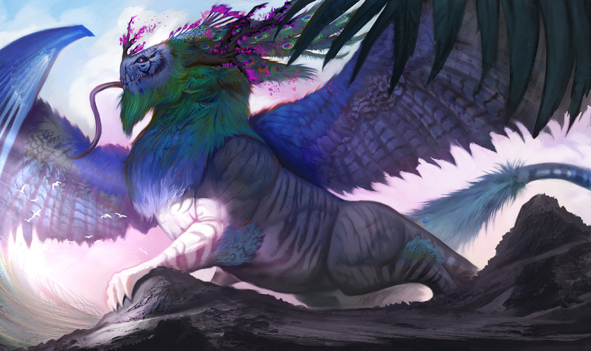 2017 avian bird blue_feathers day detailed_background digital_media_(artwork) dragon feathered_dragon feathered_wings feathers feral horn hybrid male outside peafowl rock sky solo standing victor_fern&aacute;ndez wings