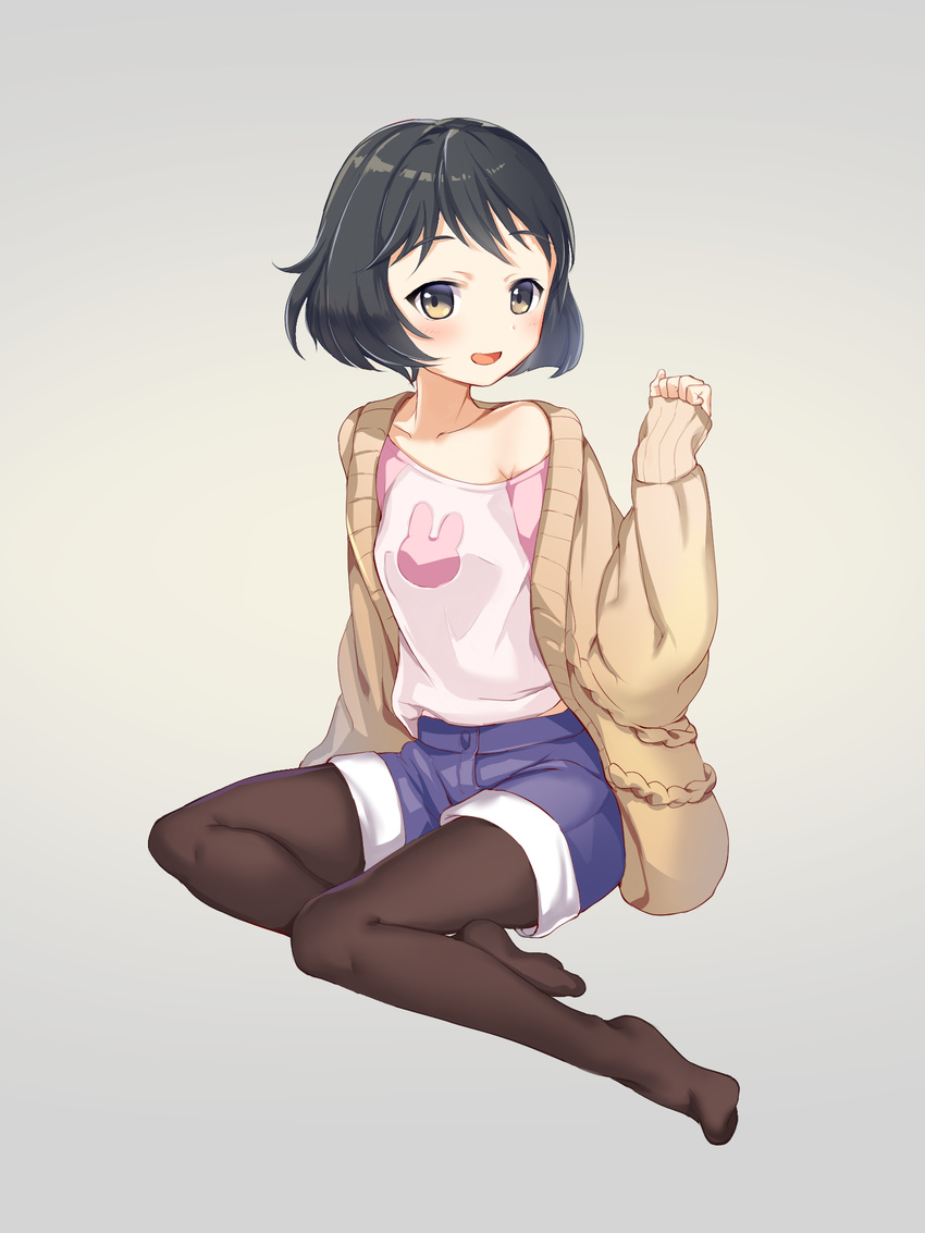 bangs black_eyes black_hair black_legwear blue_shorts blush bob_cut cardigan collarbone commentary_request curcumin full_body girls_und_panzer gradient gradient_background grey_background hand_up highres long_sleeves looking_at_viewer no_shoes off_shoulder open_cardigan open_clothes open_mouth pantyhose short_hair shorts simple_background sitting sleeves_past_wrists smile solo utsugi_yuuki