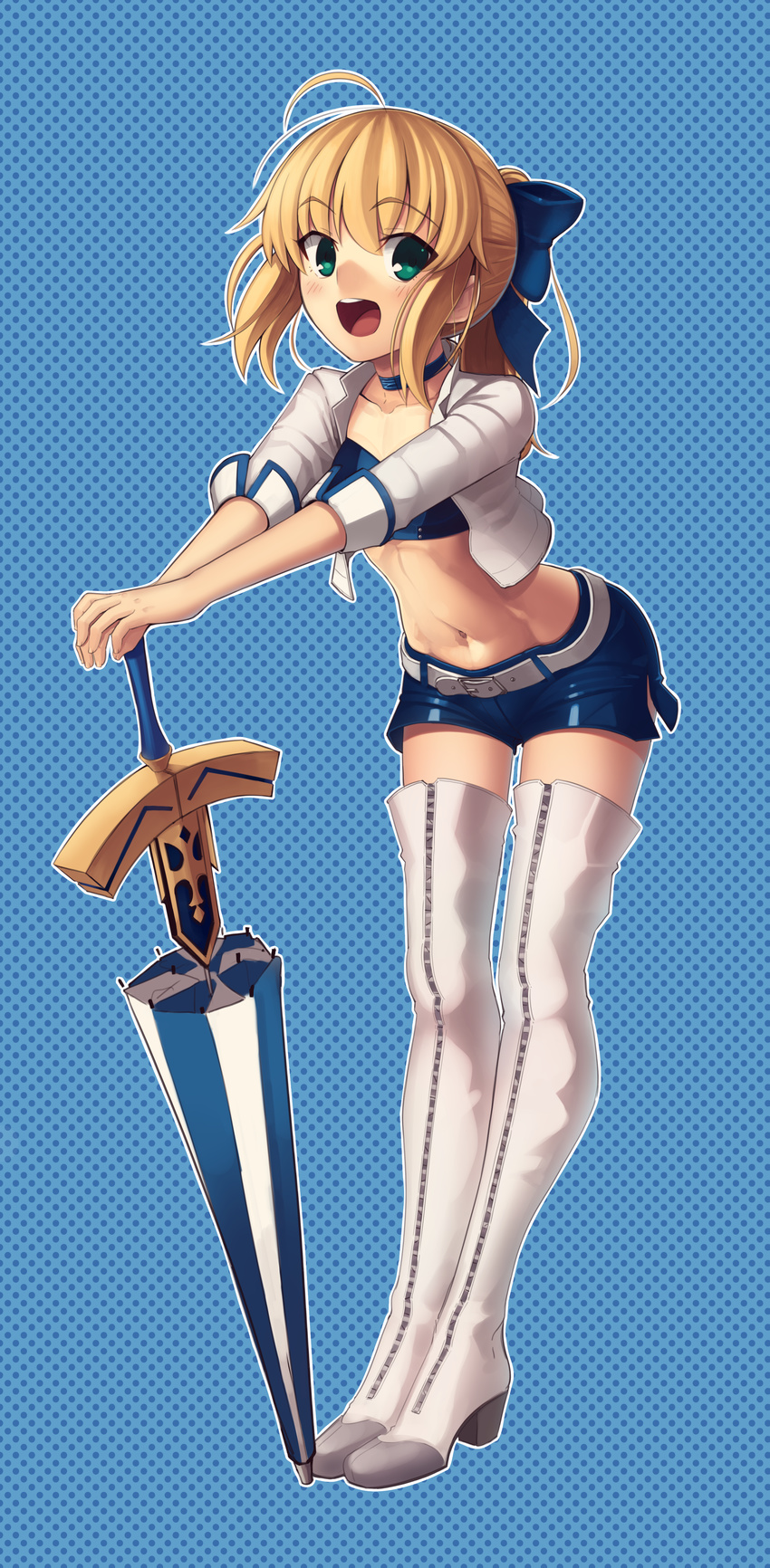 absurdres ahoge artoria_pendragon_(all) belt blonde_hair blue_background blue_bow blue_shorts boa_(brianoa) boots bow choker cropped_jacket excalibur fate/stay_night fate_(series) flat_chest full_body green_eyes hair_bow highres looking_at_viewer midriff open_mouth planted_umbrella polka_dot polka_dot_background ponytail race_queen saber short_shorts shorts solo standing sword thigh_boots thighhighs type-moon umbrella weapon white_belt white_footwear white_legwear