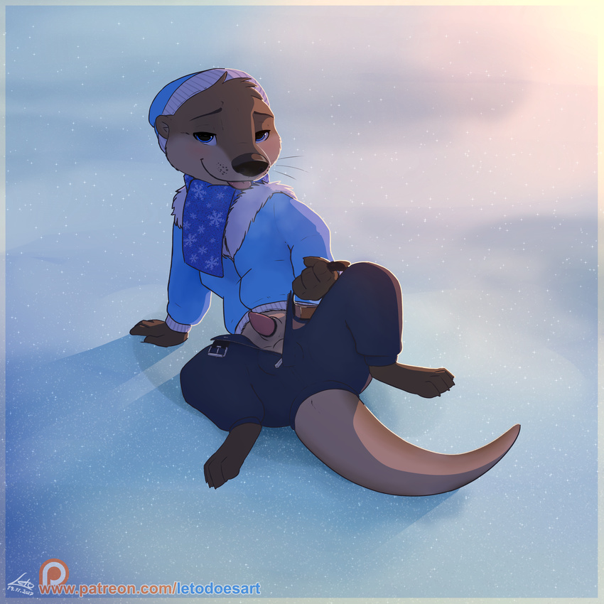 animal_genitalia anthro arin_(letodoesart) balls blue_eyes brown_fur clothing erection fur letodoesart looking_at_viewer male mammal mustelid nude otter outside penis scarf sheath simple_background snow solo tapering_penis tongue tongue_out undressing whiskers winter_jacket