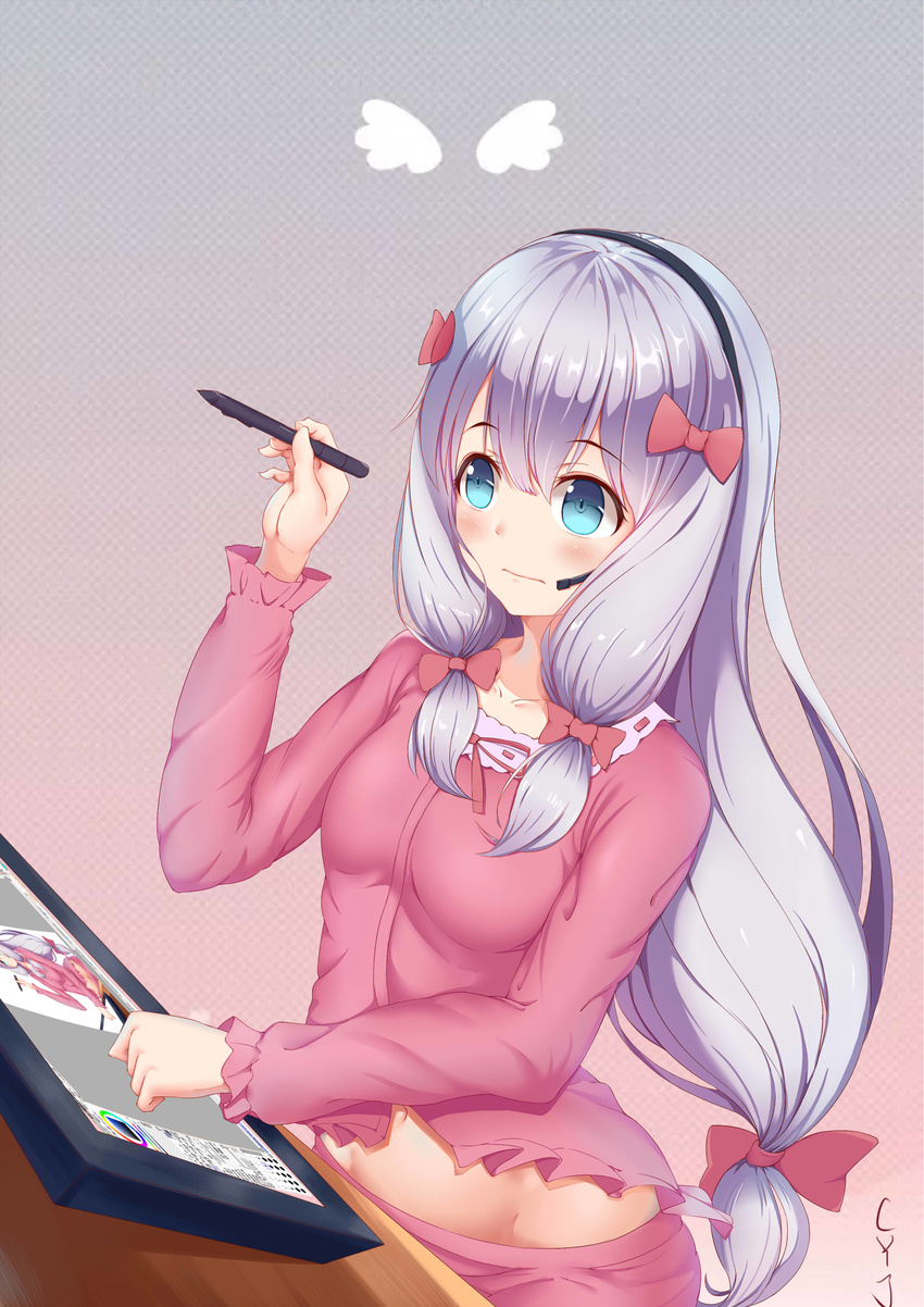 absurdres aqua_eyes bangs blue_eyes blush bow closed_mouth drawing eromanga_sensei eyebrows_visible_through_hair hair_bow headset highres izumi_sagiri long_hair low-tied_long_hair midriff_peek navel pajamas pink_bow qian_bao_liushang recursion silver_hair solo stylus tablet tareme