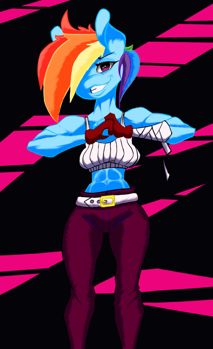 2017 anthro belt breasts clothed clothing equine female friendship_is_magic hair jeans looking_at_viewer mammal my_little_pony pants rainbow_dash_(mlp) rianmcloud smile solo top