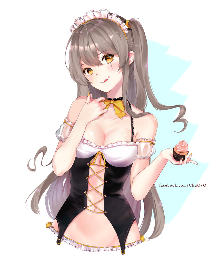 :q artist_name bare_shoulders blush bow bowtie breasts brown_hair center_opening chu_(huaha1320) cleavage closed_mouth collarbone corset cupcake detached_sleeves food food_on_face frills girls_frontline hair_between_eyes hand_on_own_chest head_tilt highres holding holding_food long_hair looking_at_viewer maid_headdress medium_breasts nail_polish navel puffy_short_sleeves puffy_sleeves short_sleeves solo spaghetti_strap tareme tongue tongue_out two-tone_background ump45_(girls_frontline) upper_body very_long_hair watermark web_address white_background yellow_bow yellow_eyes yellow_nails yellow_neckwear