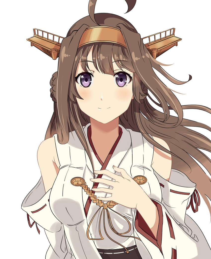 ahoge blush brown_hair closed_mouth detached_sleeves hairband hand_on_own_chest headgear highres kantai_collection kongou_(kantai_collection) long_hair looking_at_viewer nontraditional_miko okuba purple_eyes remodel_(kantai_collection) simple_background smile solo upper_body white_background