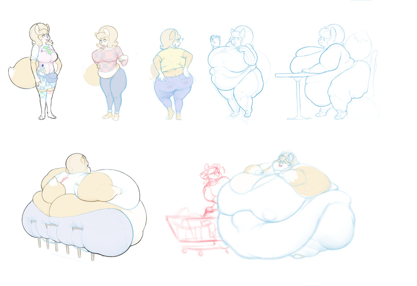 ? belly big_breasts big_butt blue_eyes braces breasts butt canine eating female food fox huge_breasts huge_butt hyper hyper_breasts hyper_butt mammal obese overweight pillowknight pink_lips thick_thighs weight_gain wide_hips
