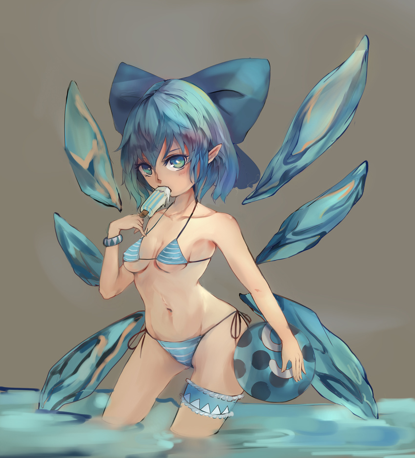 absurdres ball beachball bikini blue_bikini blue_bow blue_hair blue_wings bow bracelet cirno dada_(pixiv7594450) eating food grey_background groin highres jewelry looking_at_viewer navel pointy_ears popsicle solo standing striped striped_bikini swimsuit thigh_strap touhou wading water wings
