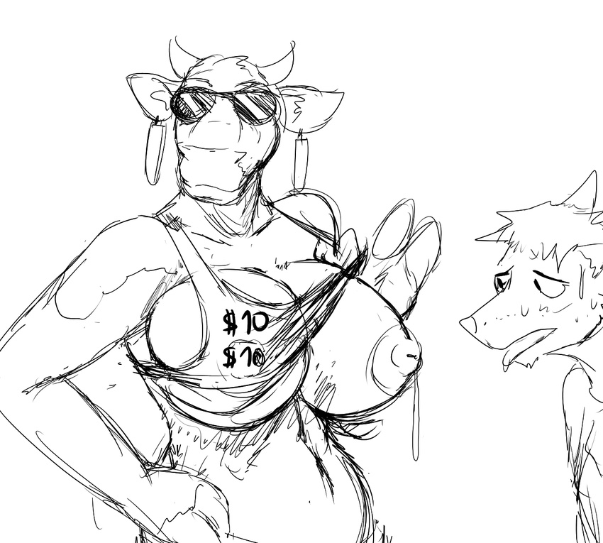 anthro big_breasts black_and_white bovine breasts canine cattle clothing ear_piercing eyewear female glasses hladilnik horn lactating male mammal monochrome nipple_bulge one_breast_out piercing shirt sweat the_laughing_cow tongue tongue_out