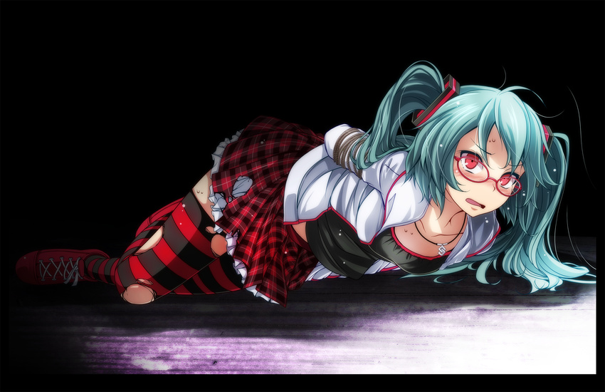 ahoge aqua_hair arms_up bdsm black_border black_shirt blush bondage border bound bound_arms breasts collarbone dark_background foreshortening frilled_skirt frills full_body glasses hatsune_miku highres jacket jewelry long_hair long_sleeves lying natural_(module) necklace nose_blush on_stomach open_clothes open_jacket open_mouth plaid plaid_skirt pleated_skirt project_diva_(series) project_diva_2nd red-framed_eyewear red_footwear red_skirt shirt shoes skirt small_breasts solo striped striped_legwear thighhighs torn_clothes torn_legwear torn_skirt tsukishiro_saika tsurime twintails v-shaped_eyebrows vocaloid white_jacket