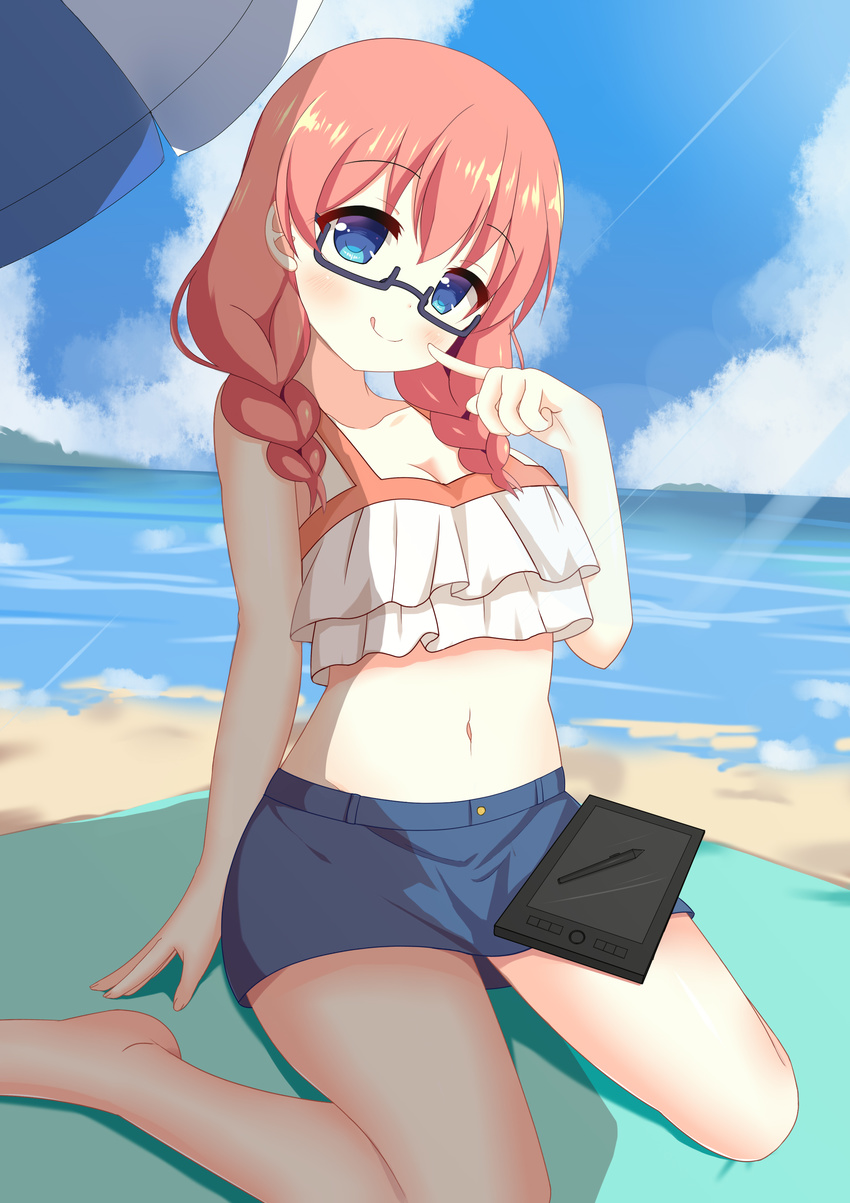 :q absurdres amano_miu bangs bare_arms bare_shoulders barefoot beach beach_umbrella bikini_top black-framed_eyewear blend_s blue_eyes blue_skirt blue_sky blush braid breasts cleavage closed_mouth cloud cloudy_sky collarbone commentary_request day eyebrows_visible_through_hair finger_to_cheek frilled_bikini_top glasses hair_between_eyes hair_over_shoulder head_tilt highres looking_at_viewer low_twintails medium_breasts midriff miniskirt navel ocean outdoors red_hair semi-rimless_eyewear sidelocks sitting skirt sky smile solo stylus tablet thighs tongue tongue_out twin_braids twintails umbrella under-rim_eyewear wariza white_bikini_top xiaosamiao