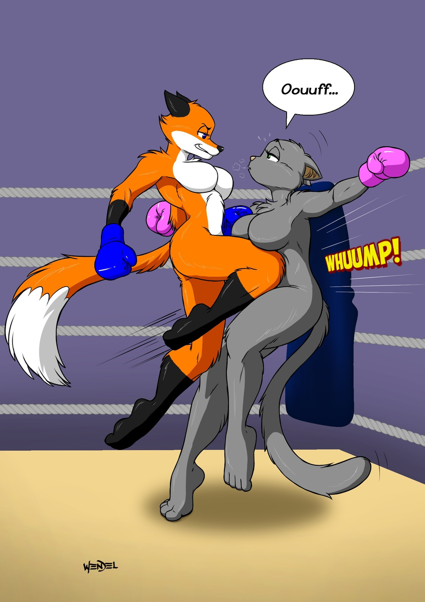 anthro athletic black_nose blue_eyes boxing boxing_gloves breasts breath canine cat chest_tuft clenched_teeth dipstick_tail domination drawing-4ever duo ears_down emily_cat_(character) eyebrows eyelashes featureless_breasts feet feline female female/female fight fighting_ring fox fur green_eyes grey_fur grin half-closed_eyes inner_ear_fluff interspecies kick kickboxing mammal markings motion_lines multicolored_tail nude orange_fur ouch pink_nose ruby_vixen_(character) signature smile smirk sound_effects sport surprise teeth tuft wendel2