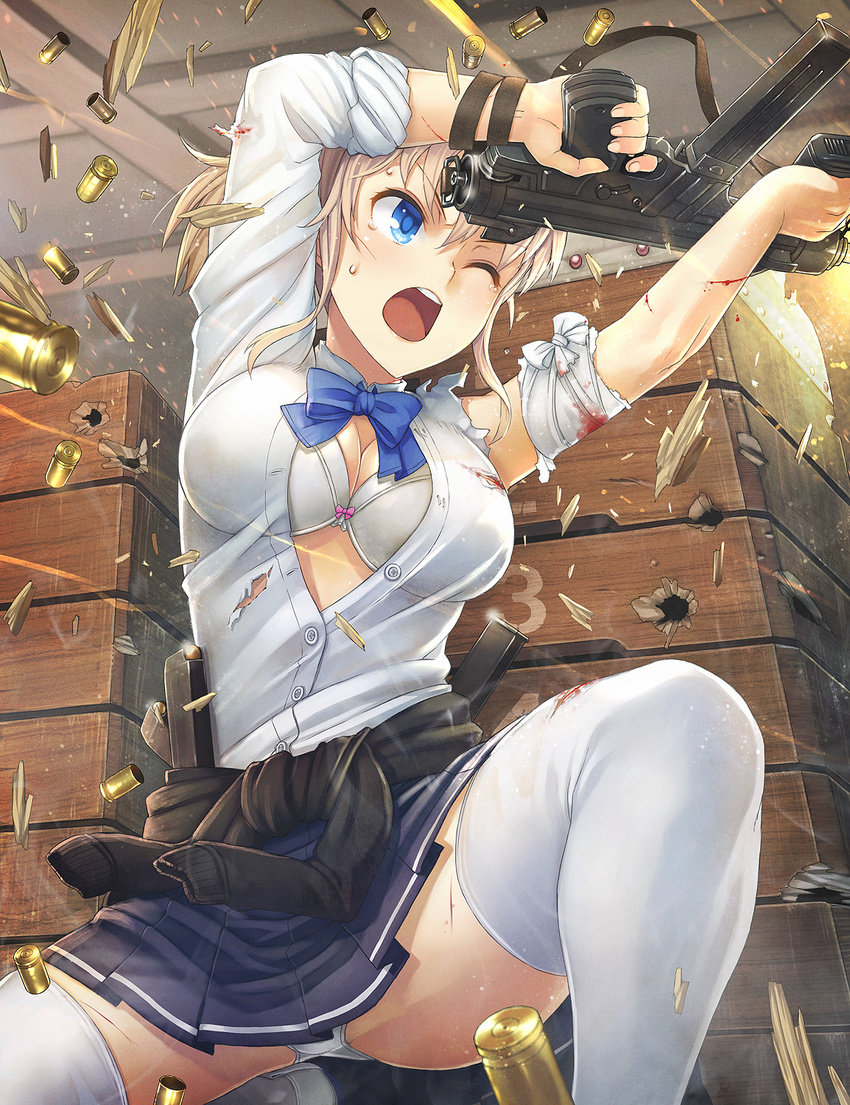 bandaged_arm bandages beretta_m12 blonde_girl_(itou) blonde_hair blood blue_eyes blue_neckwear bow bow_bra bowtie bra breasts bullet_hole casing_ejection clothes_around_waist commentary_request debris eyebrows_visible_through_hair finger_on_trigger firing gun highres holding holding_weapon injury itou_(onsoku_tassha) jewelry large_breasts long_sleeves magazine_(weapon) one_eye_closed open_clothes open_mouth open_shirt original panties pantyshot pantyshot_(squatting) pleated_skirt revision shell_casing shirt shoes short_hair skirt sling solo sparks squatting submachine_gun sweater_around_waist thighhighs torn_clothes torn_sleeves underwear v-shaped_eyebrows weapon white_bra white_legwear white_panties white_shirt