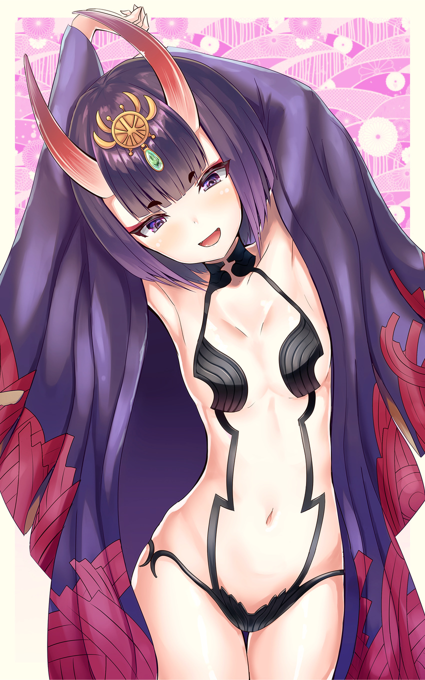 :d armpits arms_up bangs blunt_bangs bob_cut breasts cowboy_shot eyebrows_visible_through_hair fangs fate/grand_order fate_(series) hamalu highres horns japanese_clothes leaning_to_the_side looking_at_viewer navel oni oni_horns open_mouth outstretched_arms pale_skin purple_eyes purple_hair revealing_clothes short_hair shuten_douji_(fate/grand_order) small_breasts smile solo tsurime