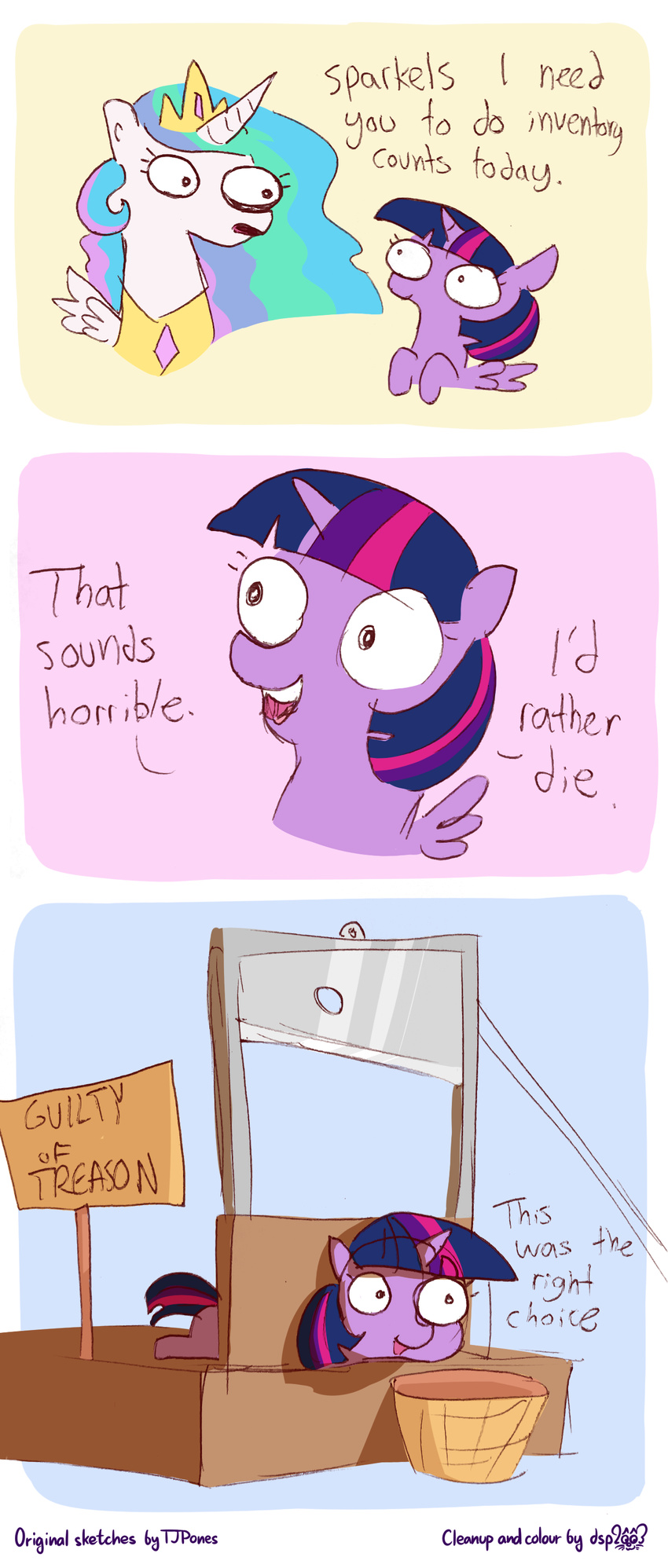 2017 comic dialogue dsp2003 duo english_text equine execution female feral friendship_is_magic guillotine hi_res horn mammal my_little_pony text tjpones twilight_sparkle_(mlp) winged_unicorn wings