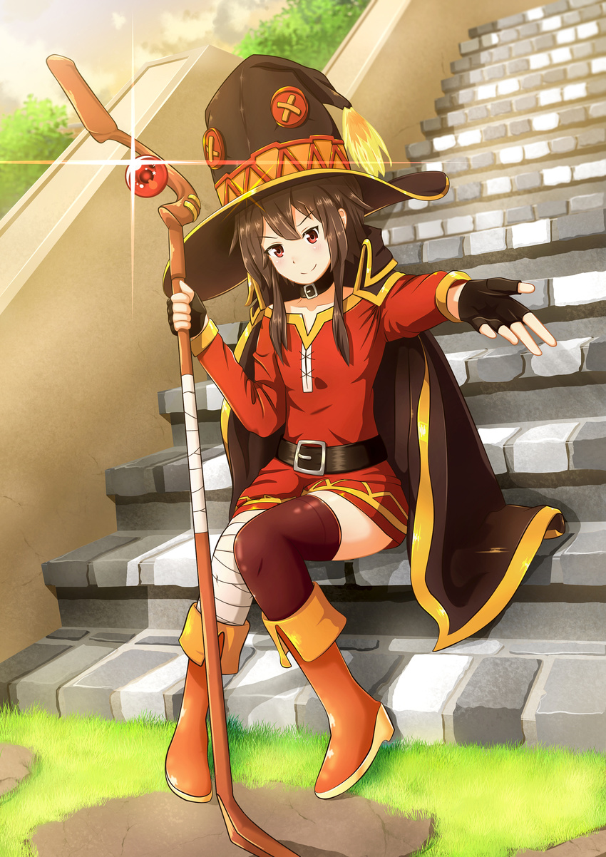 absurdres bandaged_leg bandages belt black_belt black_cape black_gloves black_hair black_legwear brown_footwear cape clade_reinall collar day dress fingerless_gloves gloves grass hat highres holding holding_staff kono_subarashii_sekai_ni_shukufuku_wo! megumin mismatched_legwear outdoors red_dress red_eyes short_hair_with_long_locks single_thighhigh sitting solo sparkle staff stairs thighhighs witch_hat