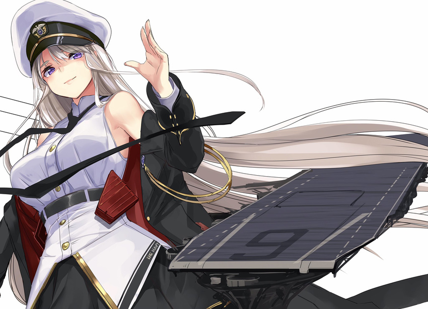akasaai azur_lane bangs black_coat black_neckwear black_skirt breasts closed_mouth clothes_writing coat commentary cowboy_shot emblem enterprise_(azur_lane) eyebrows_visible_through_hair flight_deck hand_up hat highres large_breasts long_hair long_sleeves looking_at_viewer military military_uniform naval_uniform necktie off_shoulder open_clothes open_coat peaked_cap purple_eyes shirt silver_hair simple_background sketch skirt smile solo underbust uniform very_long_hair white_background white_hat white_shirt