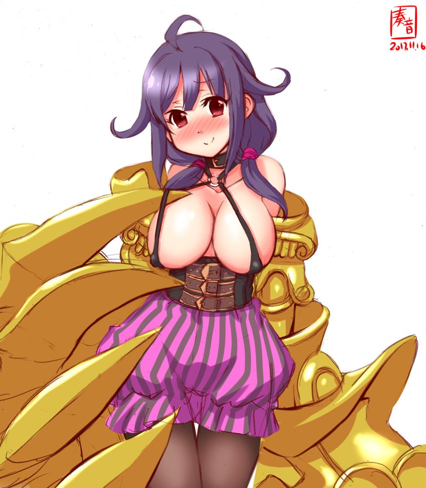 ahoge alternate_costume black_legwear blush breasts brown_eyes claws cleavage collar commentary_request cosplay covered_nipples fate/extra fate/extra_ccc fate_(series) hair_flaps highres kanon_(kurogane_knights) kantai_collection large_breasts long_hair looking_at_viewer low_twintails ogura_yui pantyhose passion_lip passion_lip_(cosplay) purple_hair seiyuu_connection shorts simple_background sketch smile solo taigei_(kantai_collection) twintails white_background