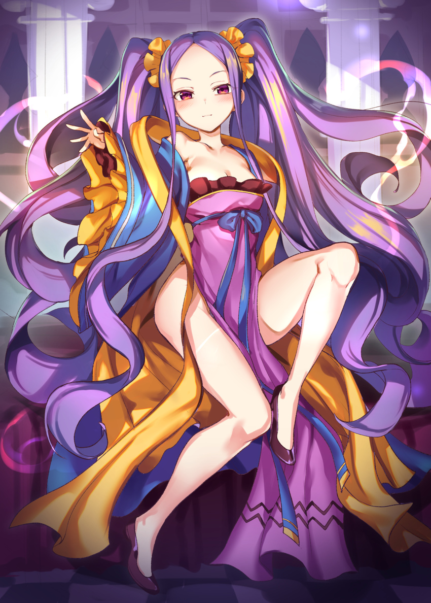 bow breasts chinese_clothes cleavage fate/grand_order fate_(series) hanfu highres ikomochi long_hair long_sleeves looking_at_viewer pelvic_curtain purple_eyes purple_hair shawl small_breasts smile solo twintails very_long_hair wu_zetian_(fate/grand_order)