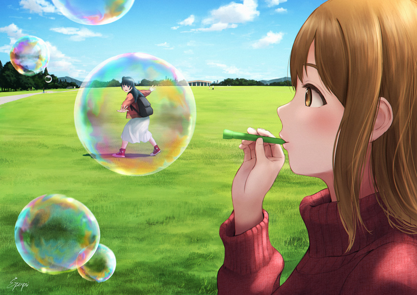 :d backpack bag bangs blue_hair blue_sky blunt_bangs blush brown_eyes brown_hair cloud day face field forced_perspective full_body grass holding kunikida_hanamaru long_hair long_skirt long_sleeves looking_at_viewer love_live! love_live!_sunshine!! multiple_girls open_mouth outdoors outstretched_arms papi_(papiron100) pose profile red_footwear red_sweater shoes signature skirt sky smile sweater tareme tsushima_yoshiko turtleneck turtleneck_sweater upper_body white_skirt