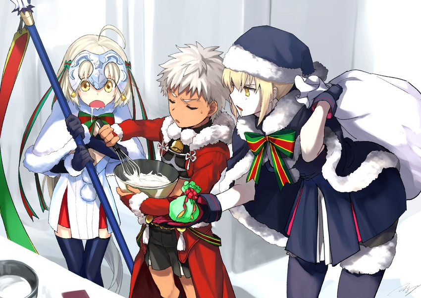 2girls ahoge archer artoria_pendragon_(all) bell bent_over cape child closed_eyes counter dark_skin dark_skinned_male dress drooling fate/grand_order fate/stay_night fate_(series) fur_trim hat jeanne_d'arc_(alter)_(fate) jeanne_d'arc_(fate)_(all) jeanne_d'arc_alter_santa_lily matsuya_(pile) mixing_bowl multiple_girls platinum_blonde_hair ribbon saber_alter santa_alter santa_costume santa_hat santa_lily short_hair shorts silver_hair simple_background thighhighs whisk white_background white_hair yellow_eyes younger