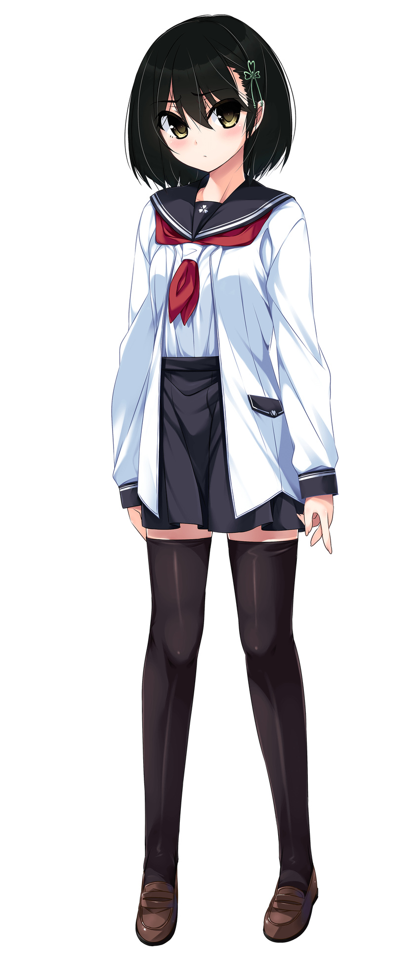 absurdres black_hair black_legwear blush full_body hair_ornament highres izumi_iko kujou_riri loafers long_sleeves looking_at_viewer neckerchief official_art oni_ga_kuru._~ane_ga_hinshi_de_pinchi_desu~ pleated_skirt school_uniform shoes short_hair skirt solo thighhighs transparent_background yellow_eyes