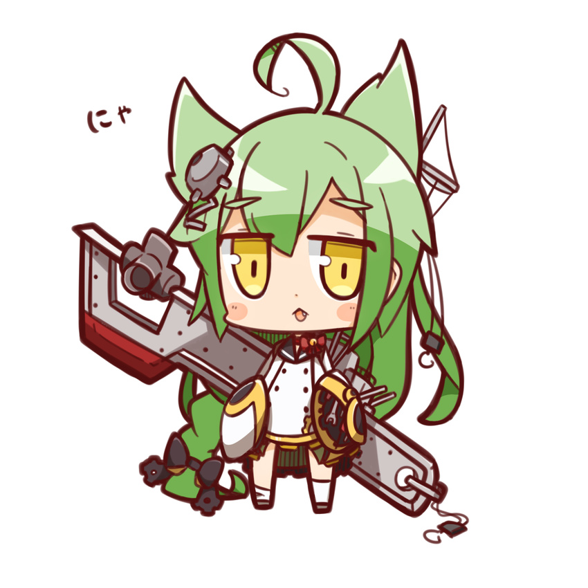 :3 :d ahoge akashi_(azur_lane) azur_lane blush_stickers braid chibi commentary_request green_hair hair_flaps highres long_hair looking_at_viewer low-tied_long_hair machinery nuu_(nu-nyu) open_mouth simple_background single_braid sleeves_past_wrists smile solo translation_request turret white_background wrench yellow_eyes