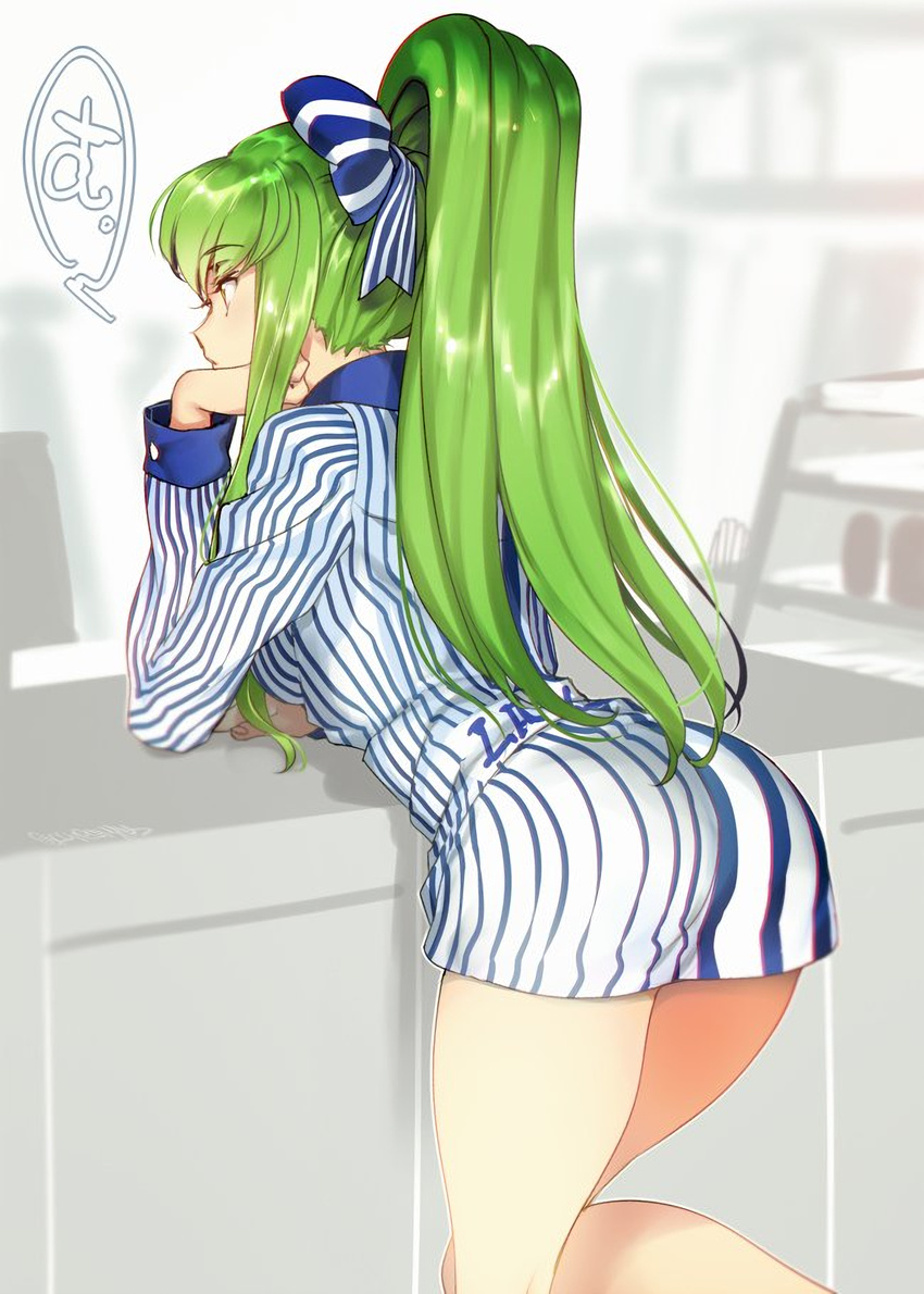 a alternate_costume alternate_hairstyle ass back bangs bow c.c. code_geass creayus employee_uniform green_hair hair_bow high_ponytail highres lawson leaning_forward leg_up long_hair long_sleeves looking_away miniskirt ponytail profile shiny shiny_hair shirt sidelocks skirt solo speech_bubble standing standing_on_one_leg striped striped_bow striped_shirt thighs uniform vertical-striped_shirt vertical_stripes very_long_hair