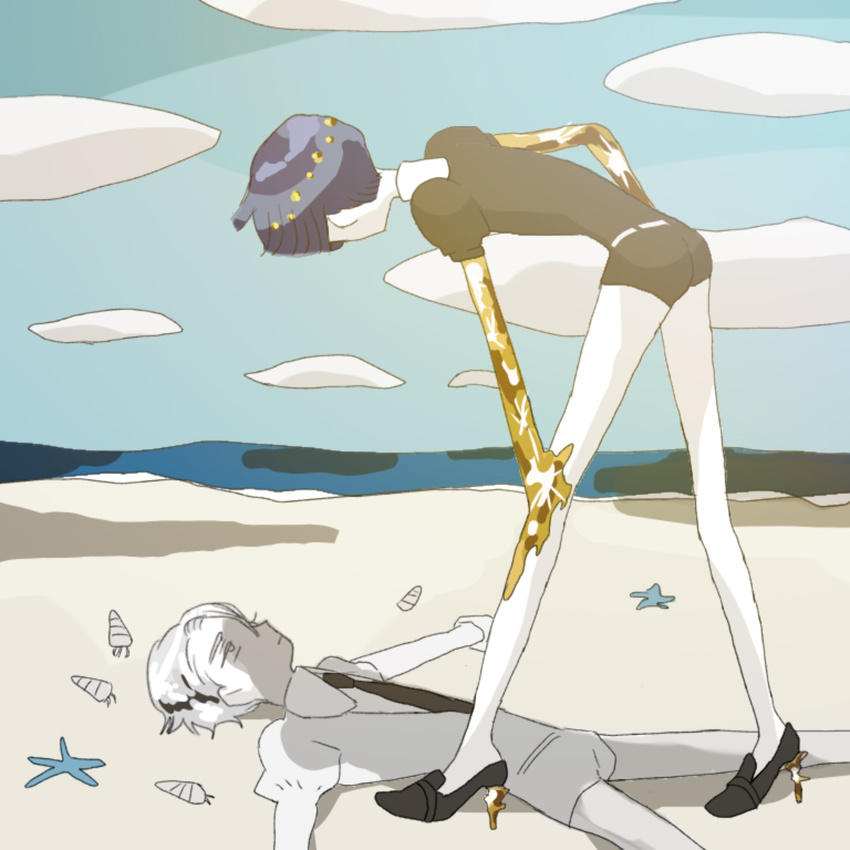 androgynous bad_id bad_pixiv_id beach black_neckwear black_shorts blue_hair cairngorm_(houseki_no_kuni) crystal_hair facing_away gem_uniform_(houseki_no_kuni) gloves golden_arms highres houseki_no_kuni lying multiple_others necktie phosphophyllite phosphophyllite_(ll) shirt short_hair shorts sone_(sazikiri0302) spoilers starfish uniform white_eyes white_hair white_shirt