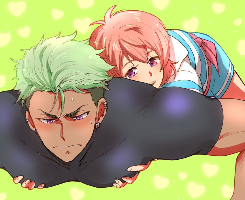 blush dark_skin dark_skinned_male earrings exercise green_background green_hair groping heart jewelry king_of_prism_by_prettyrhythm looking_at_another looking_down male_focus multiple_boys patterned_background pectorals pink_eyes pink_hair pretty_rhythm purple_eyes push-ups saionji_reo skin_tight toroi_(run01211) yamato_alexander yaoi
