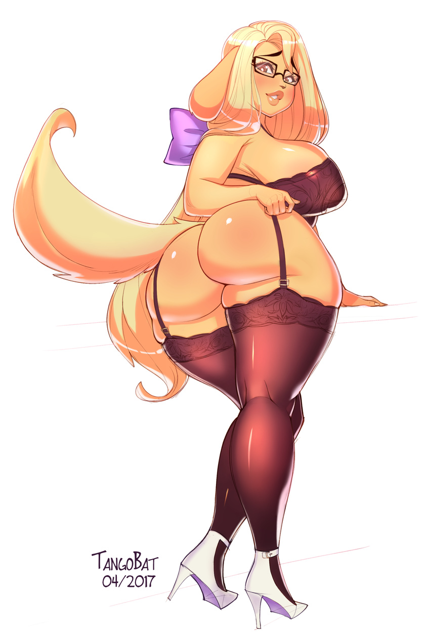 2017 5_fingers absurd_res anthro big_breasts big_butt blonde_hair blush breasts brown_eyes butt canine claribel clothed clothing digital_media_(artwork) dog eyewear female footwear fur glasses gold_fur hair hi_res high_heels huge_breasts huge_butt humanoid_face legwear lingerie lips long_hair looking_at_viewer looking_back mammal plump_lips pose rear_view ribbons shoes signature simple_background slightly_chubby smile solo stockings tangobat teeth thick_thighs voluptuous white_background wide_hips