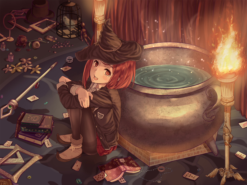:d ankle_boots bird birdcage black_hat black_jacket black_legwear blazer blush_stickers book book_stack boots bottle brown_footwear cage card cauldron chabashira_tenko cup curtains danganronpa emblem eraser fire flower full_body hat highres indoors jacket knees_to_chest knees_up light_particles liquid long_sleeves looking_at_viewer looking_to_the_side marble miniskirt new_danganronpa_v3 on_floor open_blazer open_book open_clothes open_jacket open_mouth ouma_kokichi pantyhose picture_frame playing_card red_eyes red_hair red_skirt roki_(0214278) rose round_teeth short_hair sitting skirt smile solo staff steam teeth thighband_pantyhose top_hat torch unbuttoned witch_hat yumeno_himiko