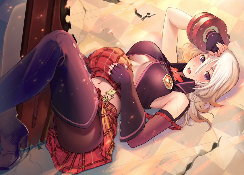 alisa_ilinichina_amiella arm_up bare_shoulders between_legs black_footwear black_gloves black_legwear blonde_hair blue_eyes blush boots breasts cabbie_hat checkered checkered_floor cracked_floor crop_top denson elbow_gloves fingerless_gloves gloves god_eater hair_between_eyes hand_on_forehead hat hat_removed headwear_removed highres large_breasts legs_up long_hair lying mismatched_gloves navel on_back on_floor open_mouth panties panties_under_pantyhose pantyhose pantyshot pantyshot_(lying) plaid plaid_hat plaid_skirt planted_sword planted_weapon red_hat red_skirt round_teeth single_elbow_glove skirt sleeveless solo suspender_skirt suspenders suspenders_slip sword teeth thigh_boots thighhighs underboob underwear upskirt weapon